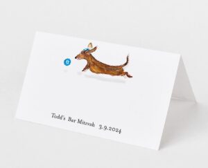 personalized bar or bat mitzvah place cards with dachshund wearing a yamaka. folding table tent style. no individual names (leaping with blue ball)