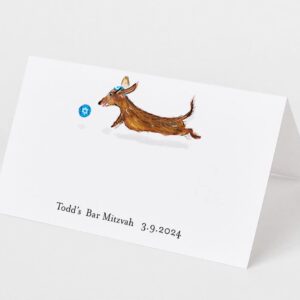 Personalized bar or bat mitzvah Place Cards with Dachshund wearing a yamaka. Folding table tent style. NO INDIVIDUAL NAMES (LEAPING WITH BLUE BALL)