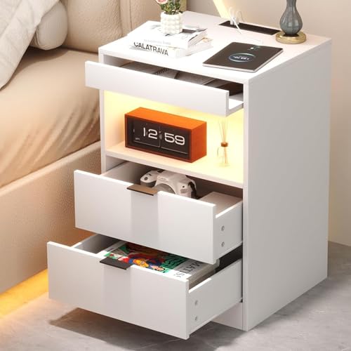 Yusong Night Stand, Bedside Table, LED Nightstand with Charging Station, Modern Night Stand White,Wood Sofa Couch End Side Table with 2 Pull-Out Shelf