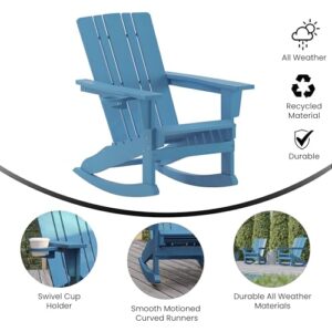 Flash Furniture Halifax Adirondack Rocking Chair with Cup Holder, Weather Resistant Poly Resin Adirondack Rocking Chair, Blue