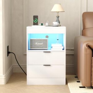 Yusong Night Stand, Bedside Table, LED Nightstand with Charging Station, Modern Night Stand White,Wood Sofa Couch End Side Table with 2 Pull-Out Shelf