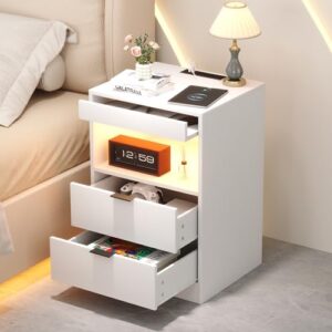 Yusong Night Stand, Bedside Table, LED Nightstand with Charging Station, Modern Night Stand White,Wood Sofa Couch End Side Table with 2 Pull-Out Shelf