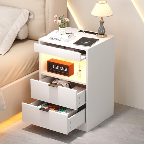 Yusong Night Stand, Bedside Table, LED Nightstand with Charging Station, Modern Night Stand White,Wood Sofa Couch End Side Table with 2 Pull-Out Shelf