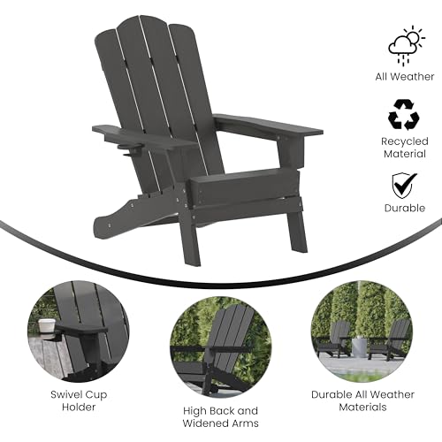 Flash Furniture Newport Adirondack Chair with Cup Holder, Weather Resistant Poly Resin Adirondack Chair, Gray