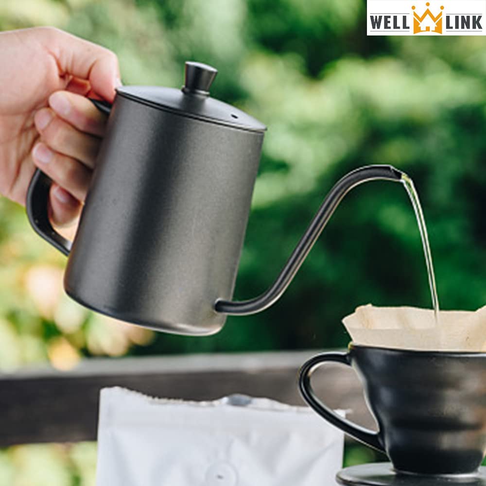 WELLLINK Gooseneck Coffee Kettle,Narrow Long Spout,20oz/600ML Stainless Steel Hand Drip Coffee Pot with Long Narrow Spout,Pour Over Coffee/Tea Dripper,Travel Coffee Maker,Easy To Clean