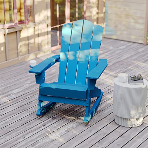 Flash Furniture Halifax Adirondack Rocking Chair with Cup Holder, Weather Resistant Poly Resin Adirondack Rocking Chair, Blue