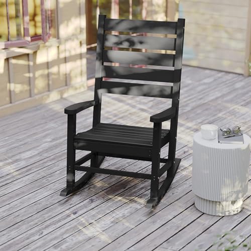 Flash Furniture Manchester Commercial Grade Outdoor Rocking Chair, All-Weather HDPE Indoor/Outdoor Rocker, Black