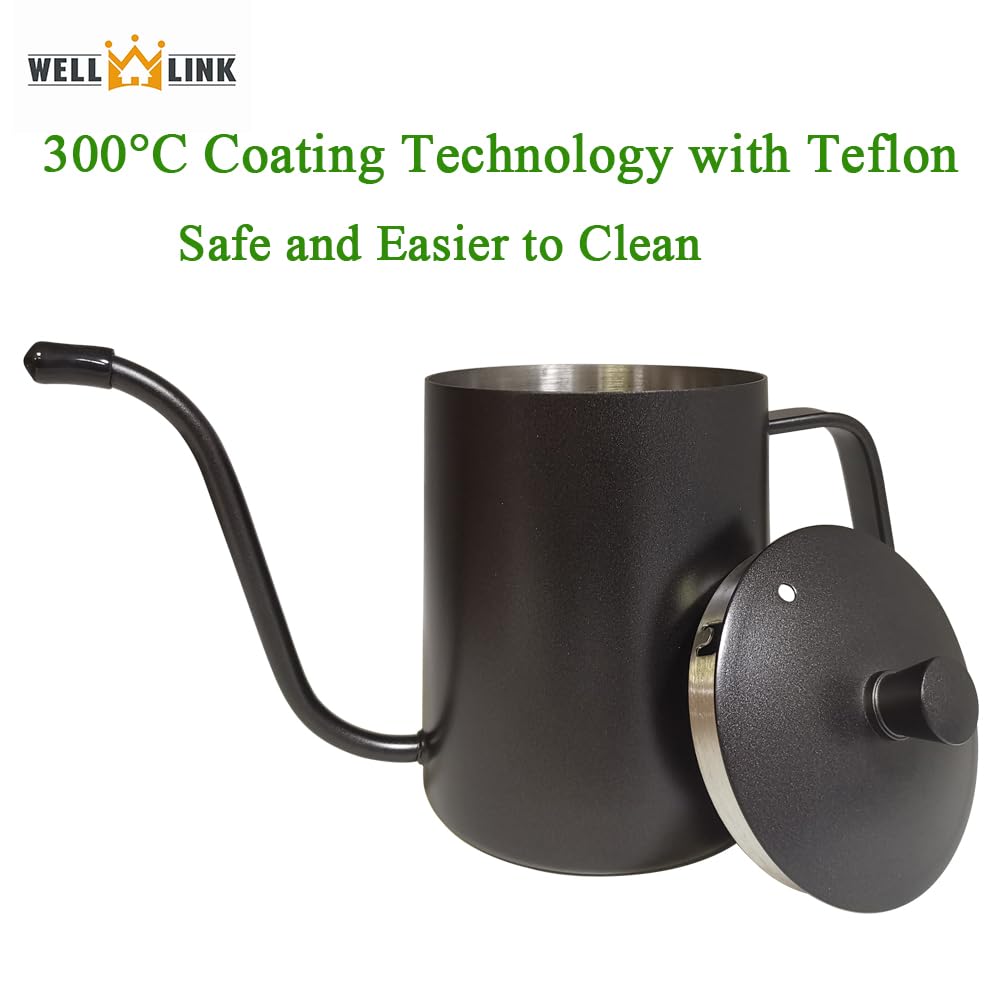 WELLLINK Gooseneck Coffee Kettle,Narrow Long Spout,20oz/600ML Stainless Steel Hand Drip Coffee Pot with Long Narrow Spout,Pour Over Coffee/Tea Dripper,Travel Coffee Maker,Easy To Clean