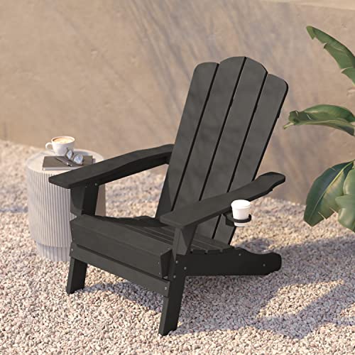 Flash Furniture Newport Adirondack Chair with Cup Holder, Weather Resistant Poly Resin Adirondack Chair, Gray