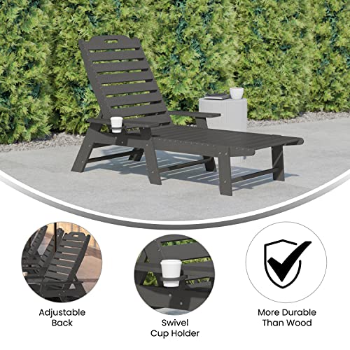 Flash Furniture Monterey Adjustable Adirondack Lounger with Cup Holder- All-Weather Indoor/Outdoor HDPE Lounge Chair, Gray