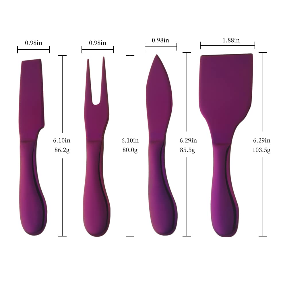 Cheese Knives Set,Purple Stainless Steel Cheese knife Set for Cheese Slicer and Butter Cutter，4 Piece -1Cheese Spade Knife, 1 Narrow Plane Knives, 1 Cheese Fork and 1 Cheese Spreader Knife