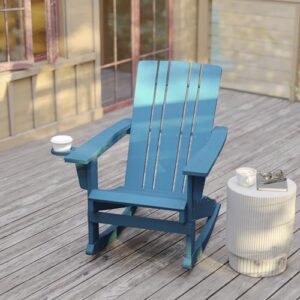 Flash Furniture Halifax Adirondack Rocking Chair with Cup Holder, Weather Resistant Poly Resin Adirondack Rocking Chair, Blue