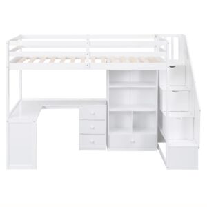 Twin Size Loft Bed with Staircase and L-Shaped Desk, Wooden Loft Bed with Storage Shelves and Drawers, Twin Loft Bunk Bed Frame for Kids Boys Girls Teens, No Box Spring Needed (White)