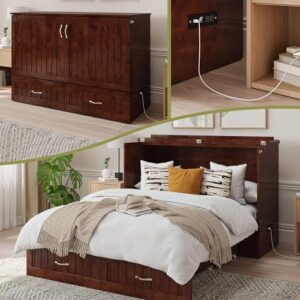 AFI Southampton Full Murphy Bed Chest with Mattress, Storage, and Built-in Charger in Walnut