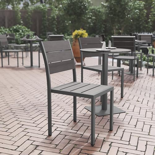 Flash Furniture Finch Commercial Grade Armless Patio Chair, Stackable Side Chair with Faux Teak Poly Slats and Metal Frame, Gray/Gray