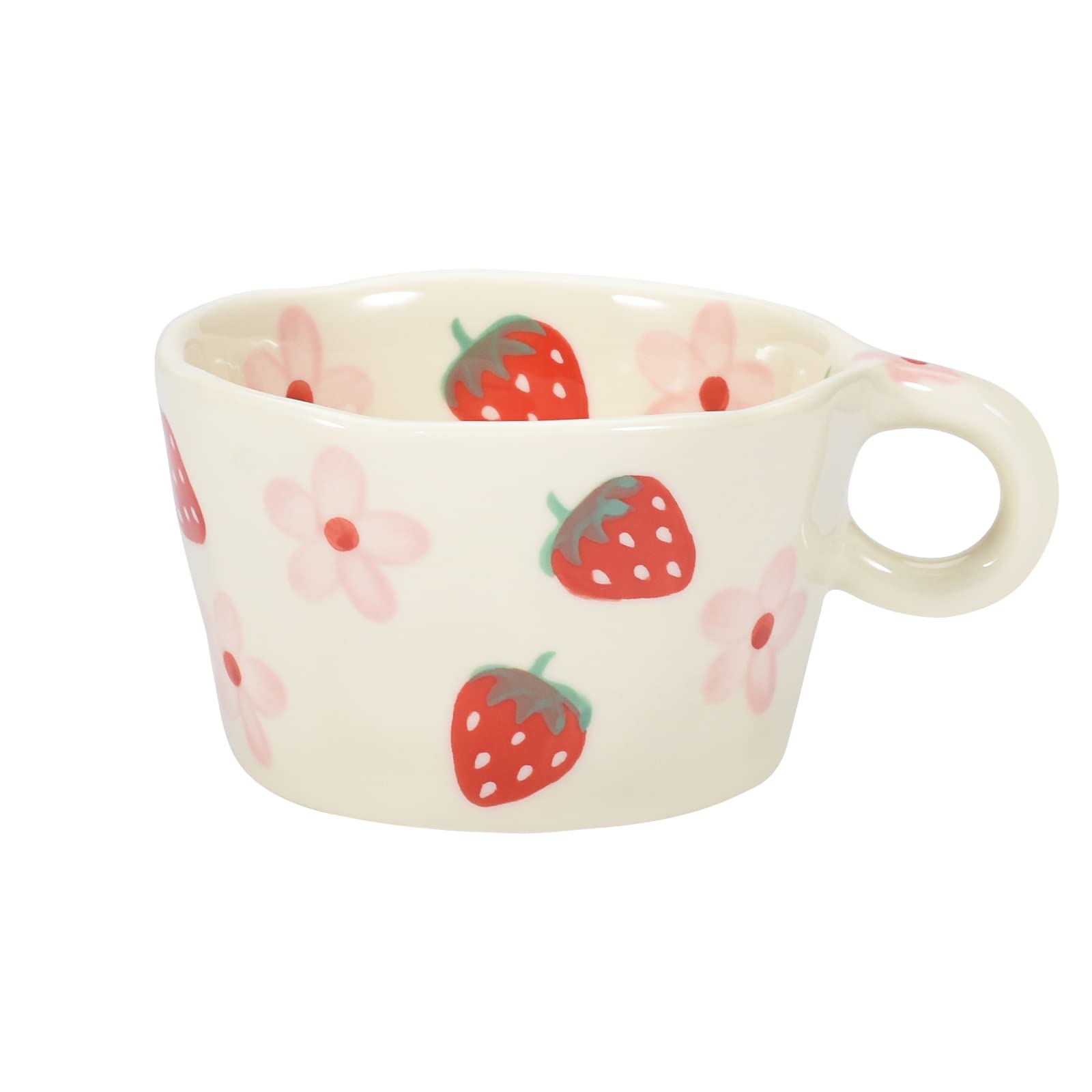 Koythin Ceramic Coffee Mug, Cute Creative Hand Printed Mug Design for Office and Home, 6.5 oz/200 ml for Latte Tea Milk (Strawberries and Flowers)