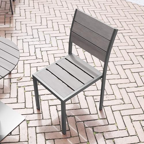 Flash Furniture Finch Commercial Grade Armless Patio Chair, Stackable Side Chair with Faux Teak Poly Slats and Metal Frame, Gray/Gray