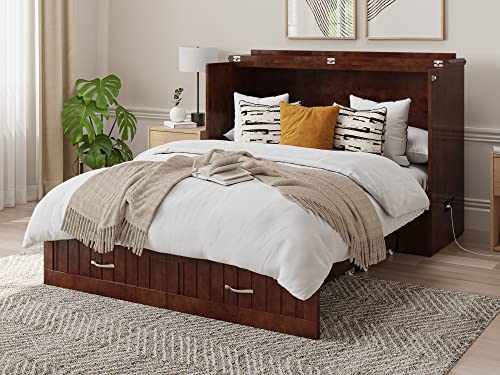 AFI Southampton Full Murphy Bed Chest with Mattress, Storage, and Built-in Charger in Walnut