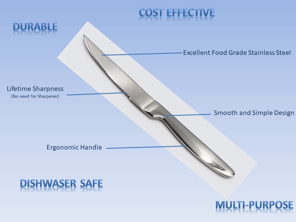 TAFAAL Set of 12 Stainless Steel Steak Knives, Corrosion Resistant, Serrated Sharp Blade, Stainless Steel Handle, Kitchen Table Knife