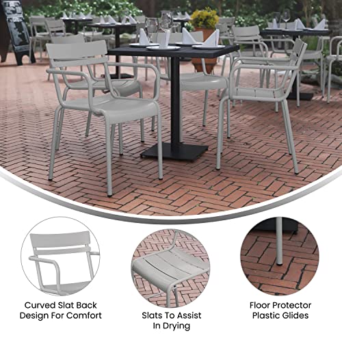 Flash Furniture Nash Commercial Grade Steel Indoor-Outdoor Stackable Chair with 2 Slats and Arms, Set of 4, Silver