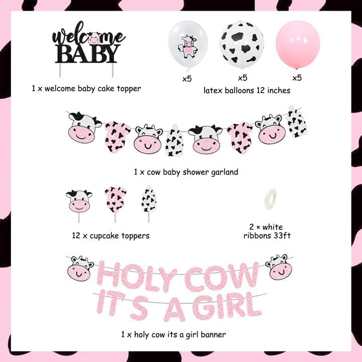 Cheereveal Cow Print Baby Shower Decorations Girl, Holy Cow It's a Girl Baby Shower Decorations, Pink Cow Garland, Welcome Baby Cake Toppers for Farm Animal Floral Girl Baby Shower Party Decoration