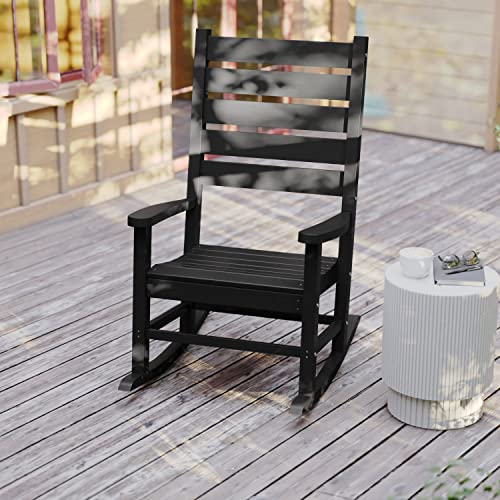 Flash Furniture Manchester Commercial Grade Outdoor Rocking Chair, All-Weather HDPE Indoor/Outdoor Rocker, Black