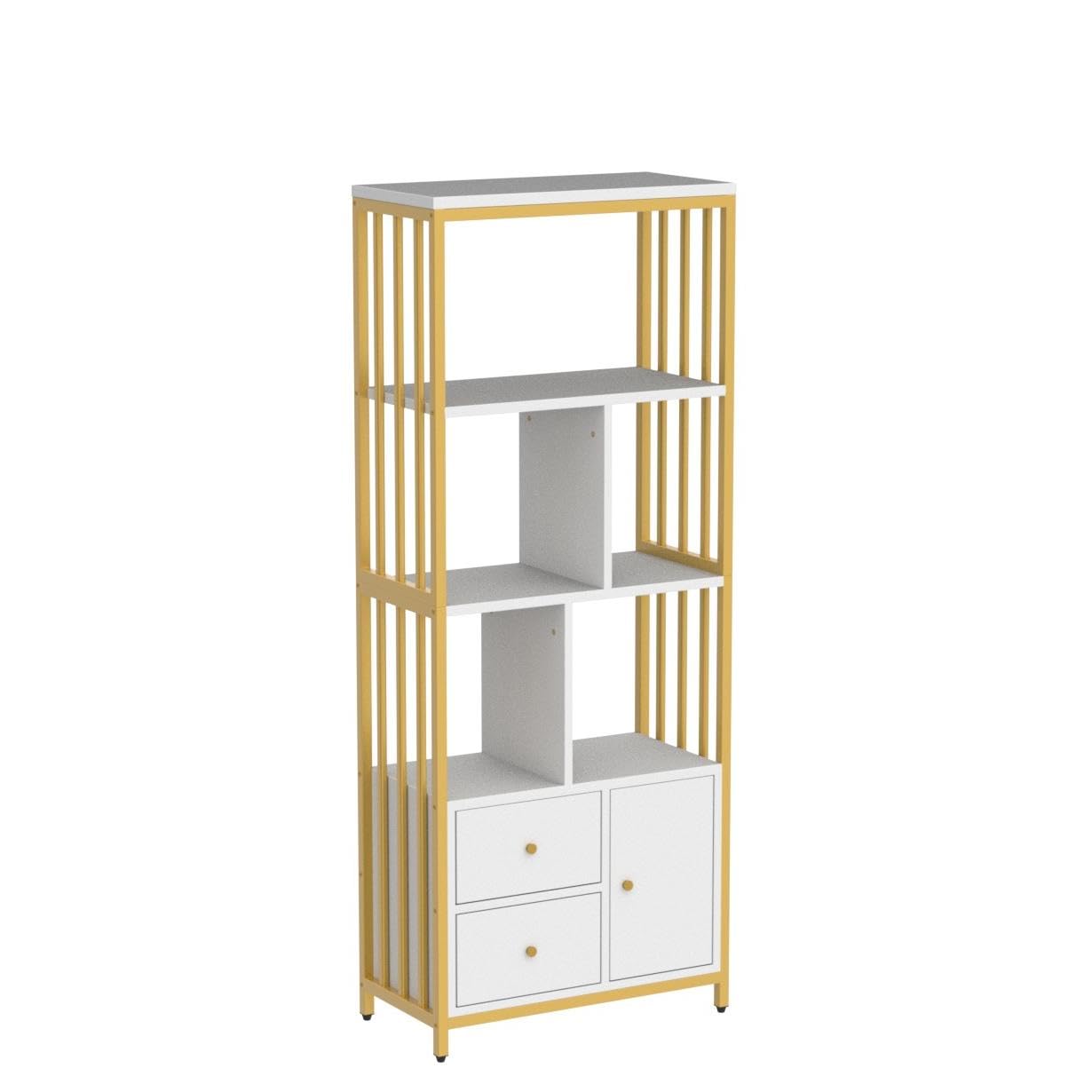 Amyove Gold Bookshelf with Drawers Modern Bookcase Storage Rack Shelf Tall Standing Bookshelves Metal Frame Large Display Racks Book Shelf for Bedroom, Living Room, Home Office, White/Gold