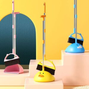 Cute Duck Cleaning Broom and Dustpan Set with Long Handle Stand Up Broom and Dustpan for Home Kitchen Room Office, Outdoor Indoor (Pink)