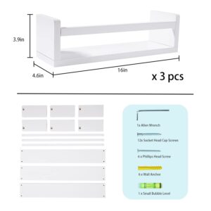 UPPZ Nursery Floating Shelves for Kids Room, Set of 3 Wall Book Shelves for Kitchen Living Room, Book Shelf Wall Mounted for Baby Kids Bedoom Bathroom (White, 16inch Set 3)