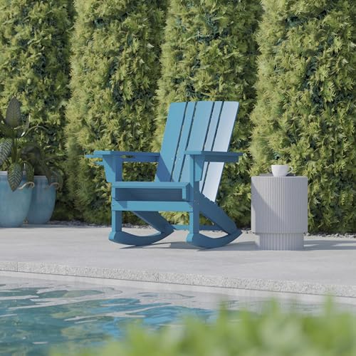 Flash Furniture Halifax Adirondack Rocking Chair with Cup Holder, Weather Resistant Poly Resin Adirondack Rocking Chair, Blue