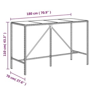 vidaXL Modern Bar Table with Black Glass Top, PE (Poly Rattan) Material, Weather-Resistant, Outdoor Garden Patio Furniture with Sturdy Steel Frame, Dimensions: 70.9"x27.6"x43.3"