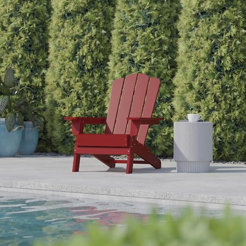 Flash Furniture Newport Adirondack Chair with Cup Holder, Weather Resistant Poly Resin Adirondack Chair, Red