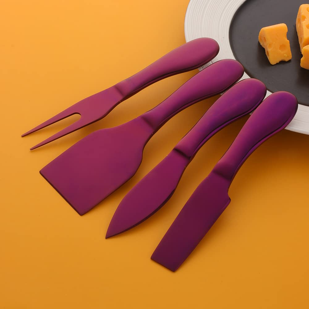 Cheese Knives Set,Purple Stainless Steel Cheese knife Set for Cheese Slicer and Butter Cutter，4 Piece -1Cheese Spade Knife, 1 Narrow Plane Knives, 1 Cheese Fork and 1 Cheese Spreader Knife