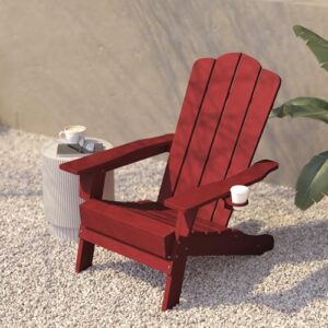 Flash Furniture Newport Adirondack Chair with Cup Holder, Weather Resistant Poly Resin Adirondack Chair, Red