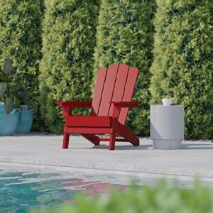 Flash Furniture Newport Adirondack Chair with Cup Holder, Weather Resistant Poly Resin Adirondack Chair, Red