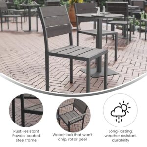 Flash Furniture Finch Commercial Grade Armless Patio Chair, Stackable Side Chair with Faux Teak Poly Slats and Metal Frame, Gray/Gray