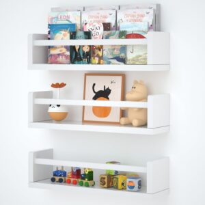 uppz nursery floating shelves for kids room, set of 3 wall book shelves for kitchen living room, book shelf wall mounted for baby kids bedoom bathroom (white, 16inch set 3)