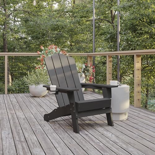 Flash Furniture Newport Adirondack Chair with Cup Holder, Weather Resistant Poly Resin Adirondack Chair, Gray