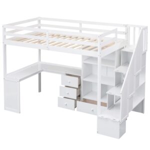 Twin Size Loft Bed with Staircase and L-Shaped Desk, Wooden Loft Bed with Storage Shelves and Drawers, Twin Loft Bunk Bed Frame for Kids Boys Girls Teens, No Box Spring Needed (White)