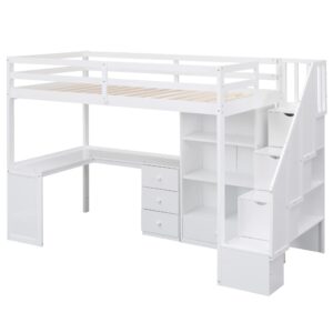 Twin Size Loft Bed with Staircase and L-Shaped Desk, Wooden Loft Bed with Storage Shelves and Drawers, Twin Loft Bunk Bed Frame for Kids Boys Girls Teens, No Box Spring Needed (White)