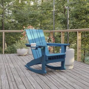 Flash Furniture Halifax Adirondack Rocking Chair with Cup Holder, Weather Resistant Poly Resin Adirondack Rocking Chair, Blue