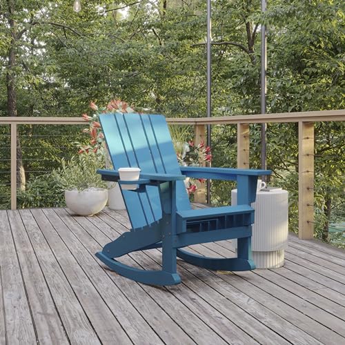 Flash Furniture Halifax Adirondack Rocking Chair with Cup Holder, Weather Resistant Poly Resin Adirondack Rocking Chair, Blue