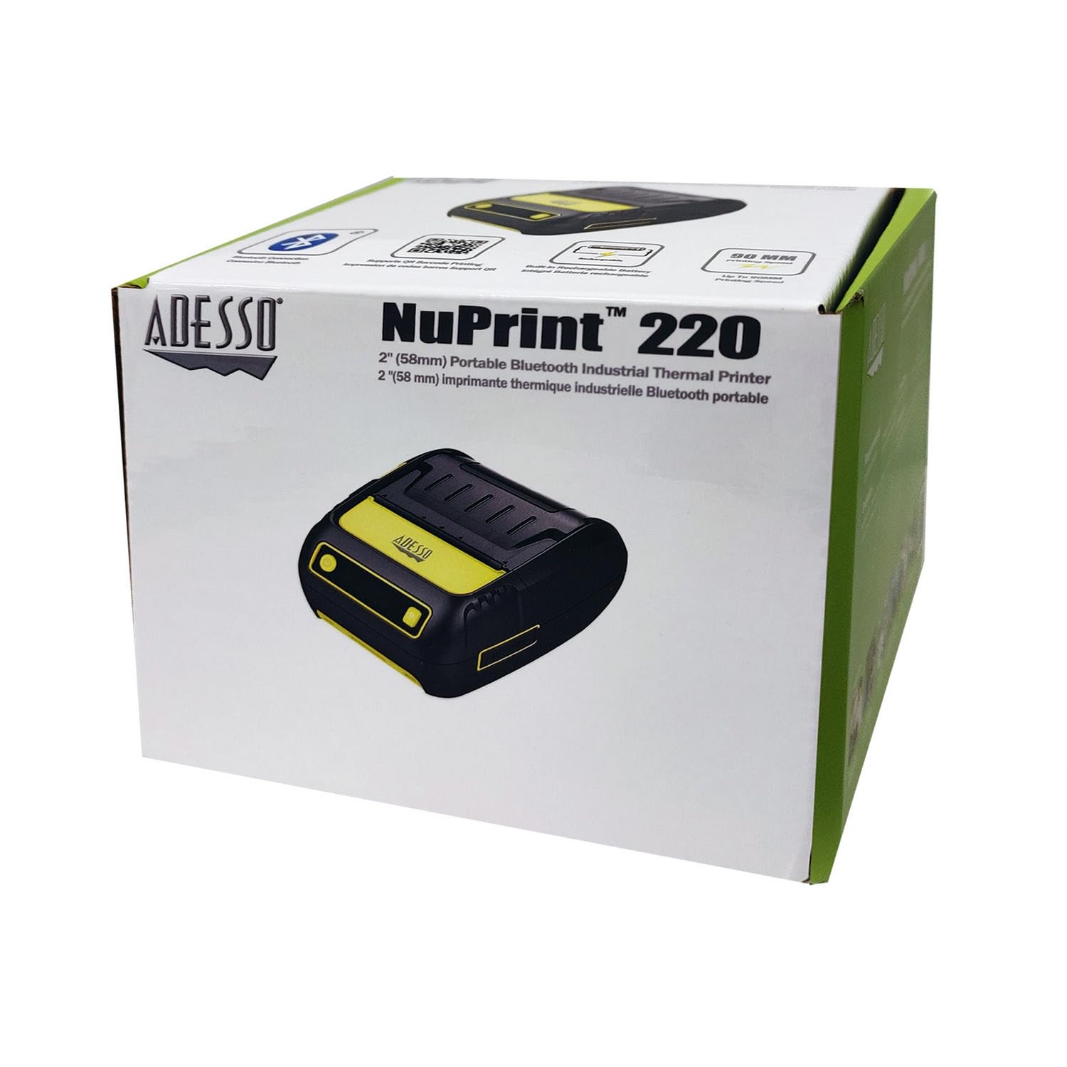 Adesso NuPrint 220B Portable Bluetooth Thermal Printer - 2" (58mm) Width, High-Speed Printing Up to 90mm/s, USB Compatible, Includes Thermal Paper and Power Cable