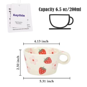 Koythin Ceramic Coffee Mug, Cute Creative Hand Printed Mug Design for Office and Home, 6.5 oz/200 ml for Latte Tea Milk (Strawberries and Flowers)