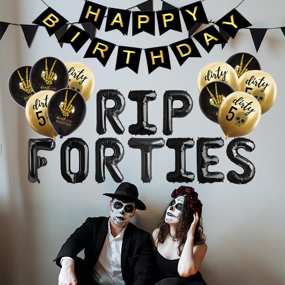 Geloar RIP FORTIES 50th Birthday Party Supplies, RIP FORTIES Balloons Happy Birthday Banner for Death to My Forties 40s RIP Youth Men Dirty 50 Funny 50th Bday Decorations (Gold, RIP FORTIES)