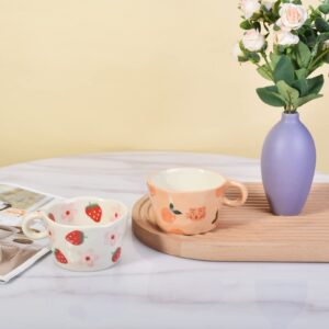 Koythin Ceramic Coffee Mug, Cute Creative Hand Printed Mug Design for Office and Home, 6.5 oz/200 ml for Latte Tea Milk (Strawberries and Flowers)