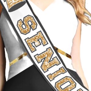 Senior Cheer Sash - Ribbon Edge Gold Sparkle with Black Outline Cheer Senior White PREMIUM GRADE SATIN Sash - High School Cheerleader Squad Supplies (RbnCheer GLD w/BLK) WHT