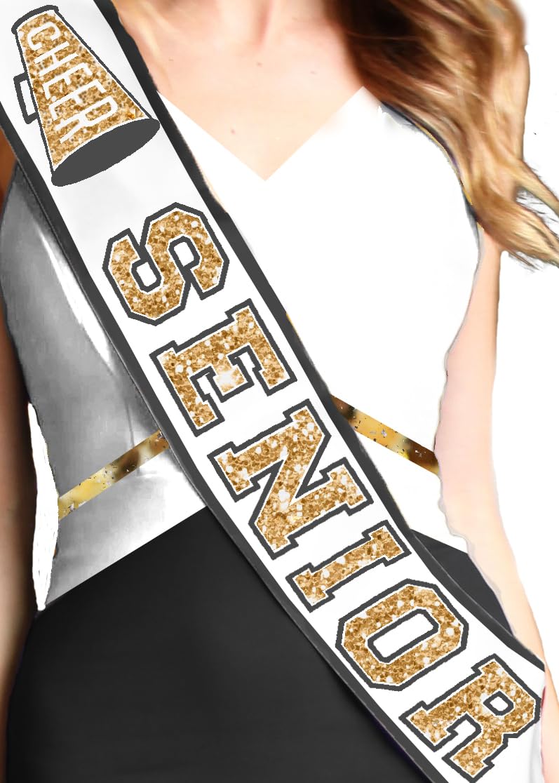 Senior Cheer Sash - Ribbon Edge Gold Sparkle with Black Outline Cheer Senior White PREMIUM GRADE SATIN Sash - High School Cheerleader Squad Supplies (RbnCheer GLD w/BLK) WHT