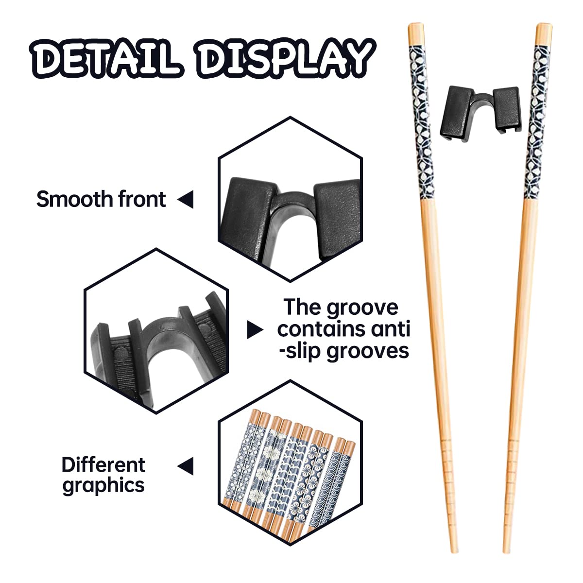 5 Pairs Reusable Training Chopsticks Helpers for Beginner Trainer Learner, Japanese Bamboo Chopsticks pack and Holder Set, Dishwasher Safe, L8.86Inch (1.Chopsticks Helpers-Glaze print 5pcs)