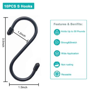 SHANDERBAR 10 Pcs S Hooks for Hanging Heavy Duty, 3.5 Inch Vinyl Coated Large S Hooks for Hanging Plants,Anti-Slip Black S Hooks for Closet, Bathroom,Kitchen and Garden